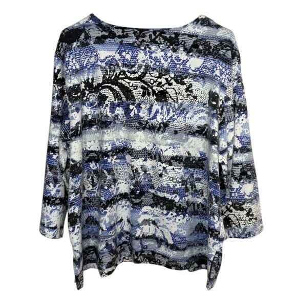Alfred Dunner Womens 3X Blue Black Abstract 3/4 Sleeve Top With Rhinestone Trim - Picture 4 of 7